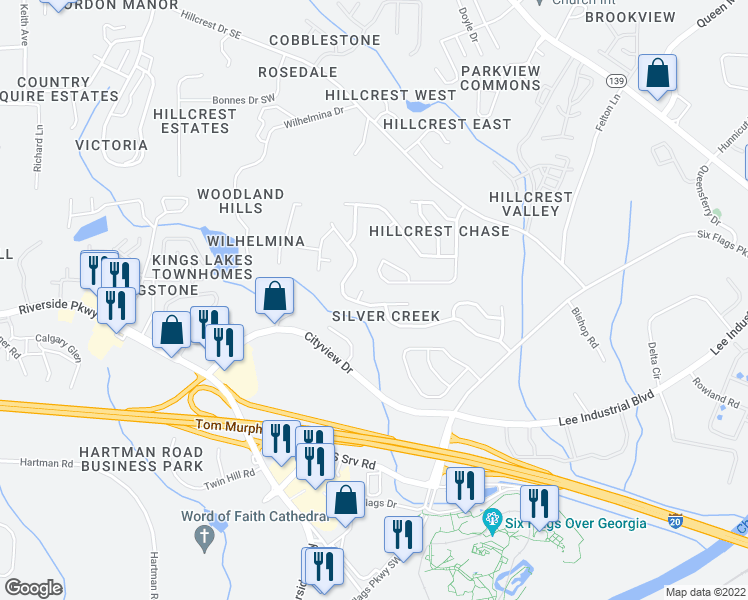 map of restaurants, bars, coffee shops, grocery stores, and more near 7149 Silver Mine Crossing Southeast in Austell