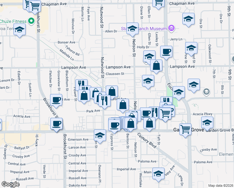 map of restaurants, bars, coffee shops, grocery stores, and more near 10611 Lakeside Drive South in Garden Grove