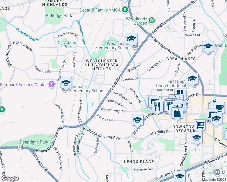 map of restaurants, bars, coffee shops, grocery stores, and more near 237 Woodlawn Avenue in Decatur