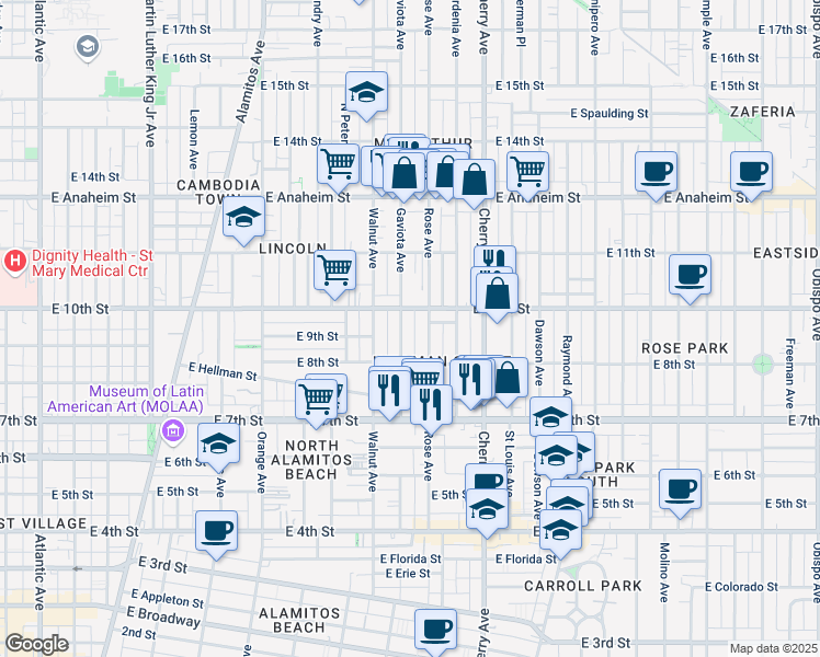 map of restaurants, bars, coffee shops, grocery stores, and more near 910 Gaviota Avenue in Long Beach