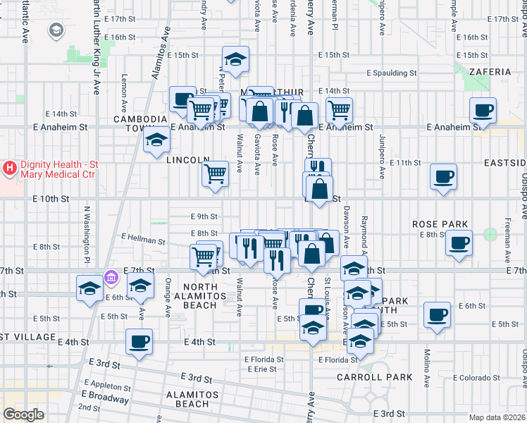 map of restaurants, bars, coffee shops, grocery stores, and more near 910 Gaviota Avenue in Long Beach