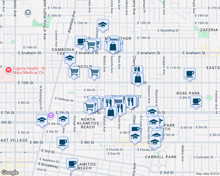 map of restaurants, bars, coffee shops, grocery stores, and more near 909 Gaviota Avenue in Long Beach