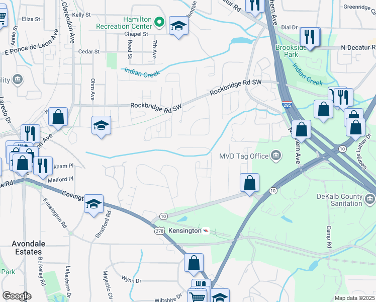 map of restaurants, bars, coffee shops, grocery stores, and more near 513 Avondale Hills Drive in Decatur