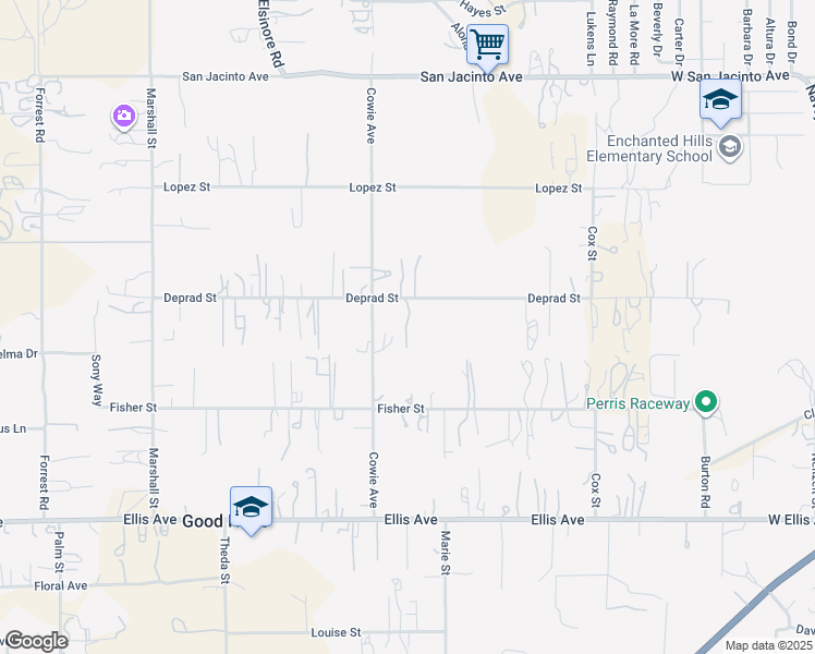 map of restaurants, bars, coffee shops, grocery stores, and more near 22615 Deprad Street in Perris