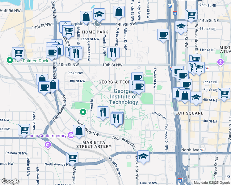 map of restaurants, bars, coffee shops, grocery stores, and more near 859 State Street Northwest in Atlanta