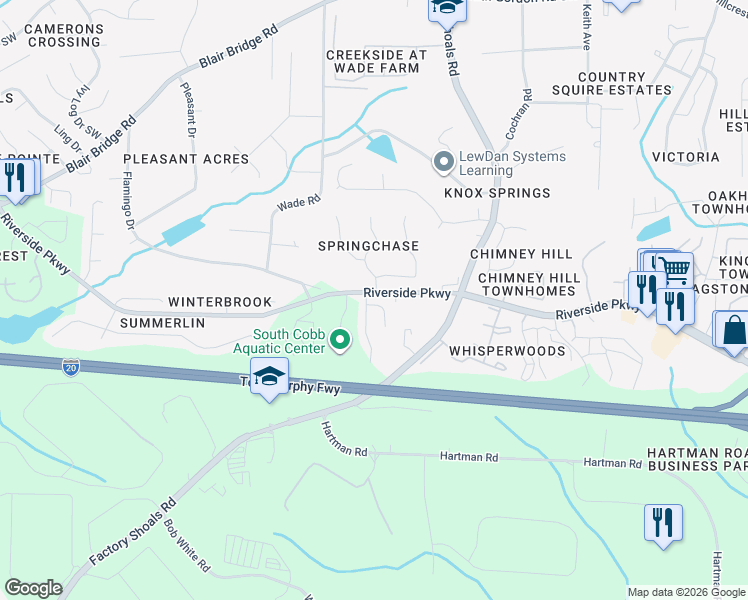map of restaurants, bars, coffee shops, grocery stores, and more near 796 Crestside Court in Austell
