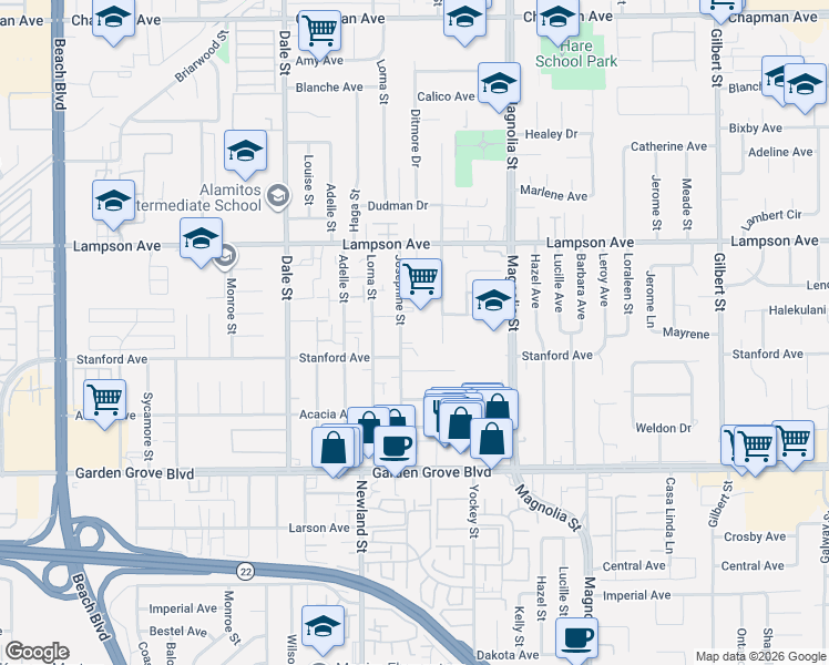 map of restaurants, bars, coffee shops, grocery stores, and more near 12700 Josephine Street in Garden Grove