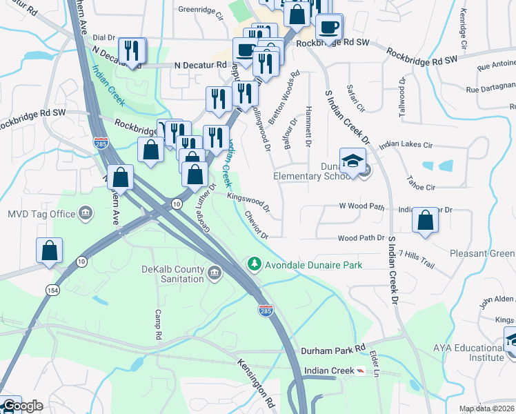 map of restaurants, bars, coffee shops, grocery stores, and more near 3783 Kingswood Drive in Decatur