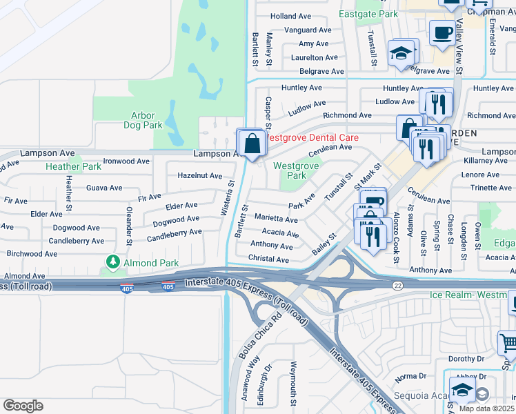 map of restaurants, bars, coffee shops, grocery stores, and more near 5262 Park Avenue in Garden Grove