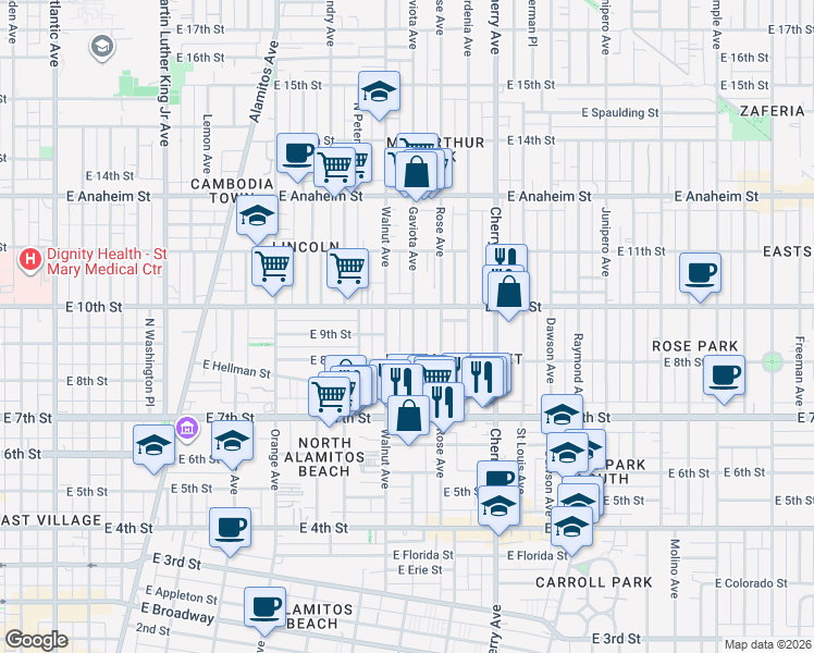 map of restaurants, bars, coffee shops, grocery stores, and more near 909 Gaviota Avenue in Long Beach