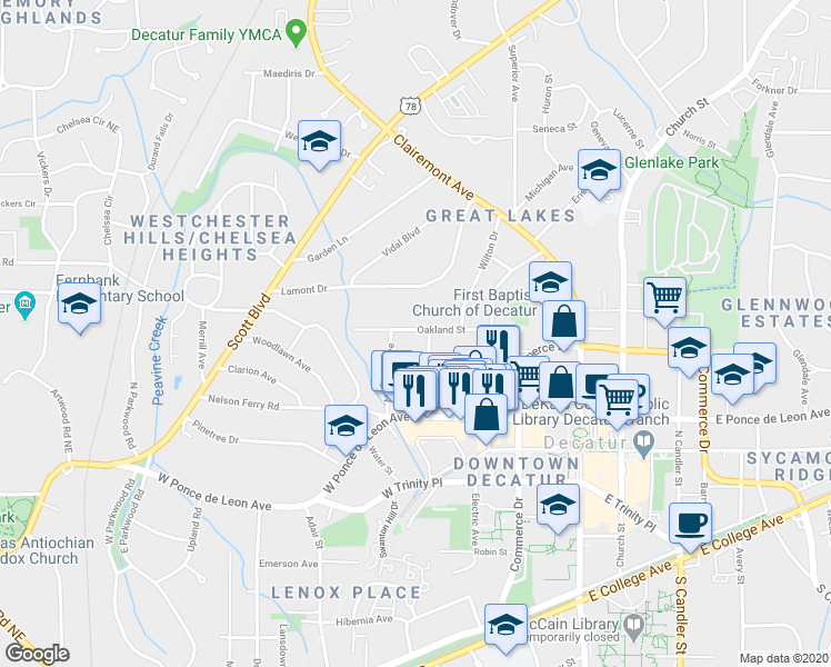 map of restaurants, bars, coffee shops, grocery stores, and more near 312 Oakland Street in Decatur