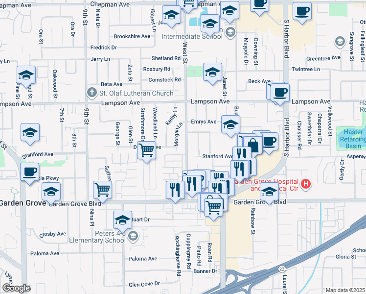 map of restaurants, bars, coffee shops, grocery stores, and more near 12727 West Street in Garden Grove