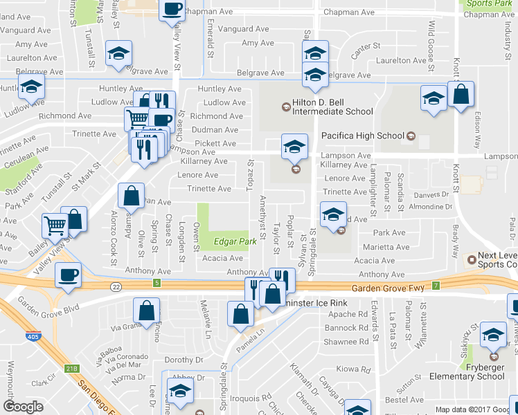 map of restaurants, bars, coffee shops, grocery stores, and more near 12681 Amethyst Street in Garden Grove