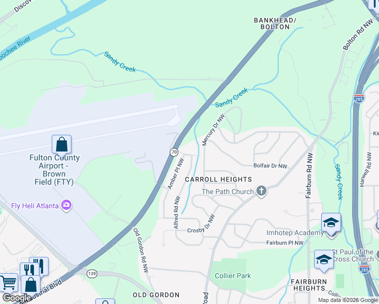 map of restaurants, bars, coffee shops, grocery stores, and more near 3743 Amber Road Northwest in Atlanta