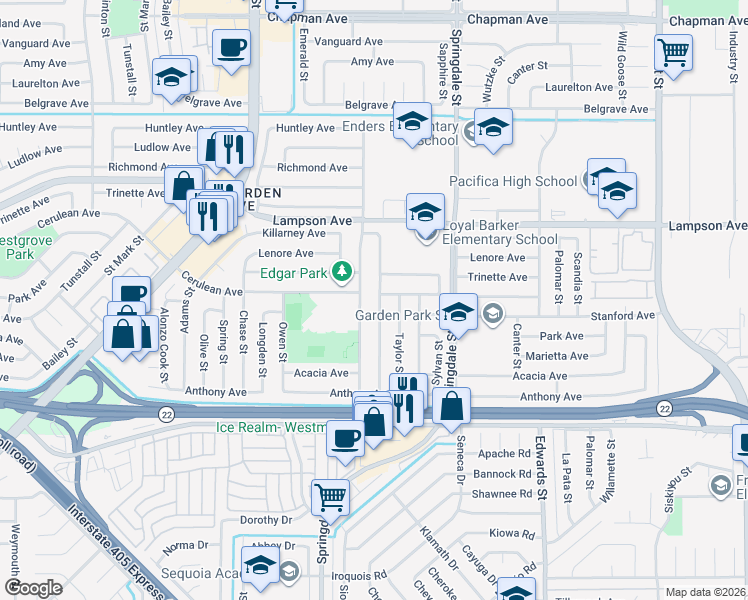 map of restaurants, bars, coffee shops, grocery stores, and more near 12681 Amethyst Street in Garden Grove