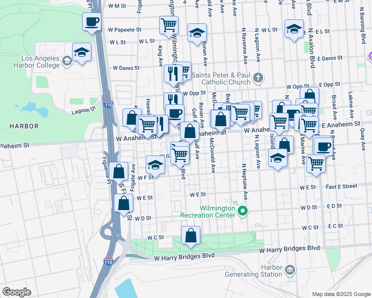 map of restaurants, bars, coffee shops, grocery stores, and more near 717 1/4 Gulf Avenue in Los Angeles