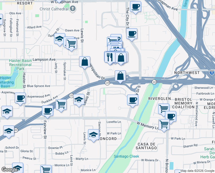 map of restaurants, bars, coffee shops, grocery stores, and more near 3725 West Park Balboa Avenue in Orange