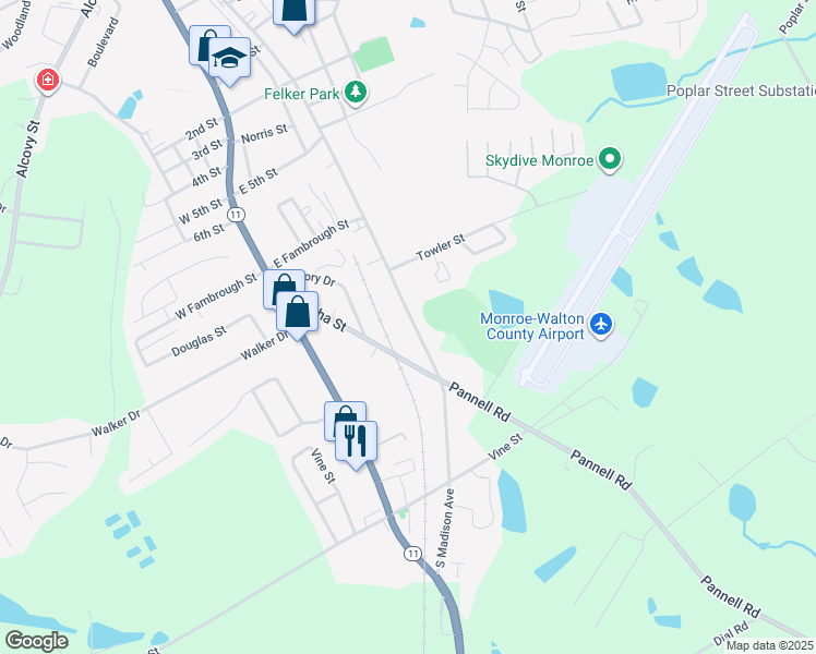 map of restaurants, bars, coffee shops, grocery stores, and more near 1226 South Madison Avenue in Monroe