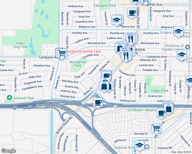 map of restaurants, bars, coffee shops, grocery stores, and more near 12682 Saint Mark Street in Garden Grove