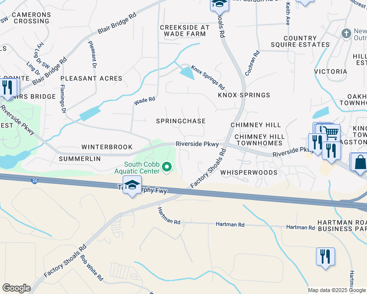 map of restaurants, bars, coffee shops, grocery stores, and more near 796 Crestside Court in Austell