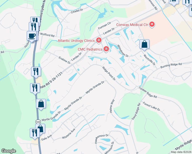 map of restaurants, bars, coffee shops, grocery stores, and more near 911 Helms Way in Conway