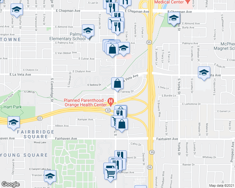 map of restaurants, bars, coffee shops, grocery stores, and more near 615 South Tustin Street in Orange