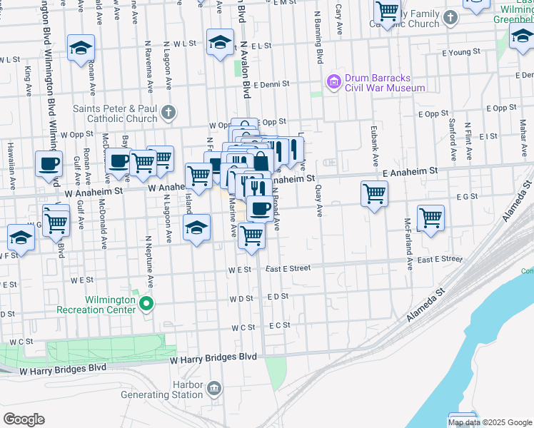 map of restaurants, bars, coffee shops, grocery stores, and more near 120 East G Street in Los Angeles