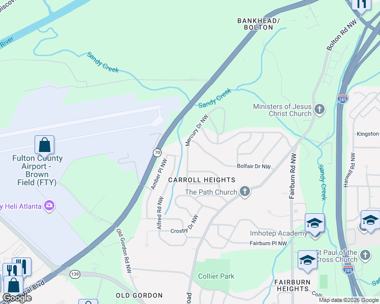 map of restaurants, bars, coffee shops, grocery stores, and more near 887 Mercury Drive Northwest in Atlanta