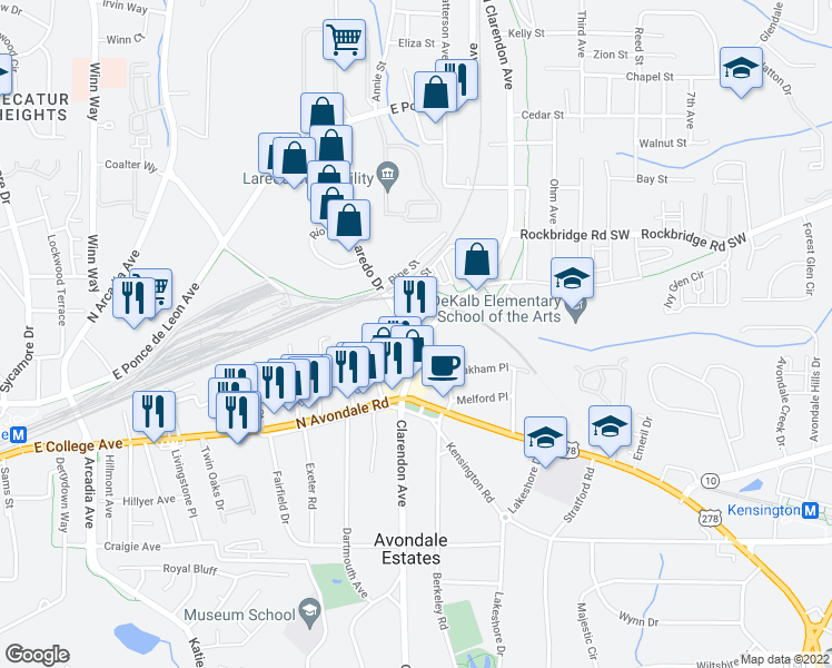 map of restaurants, bars, coffee shops, grocery stores, and more near 115 Laredo Drive in Avondale Estates