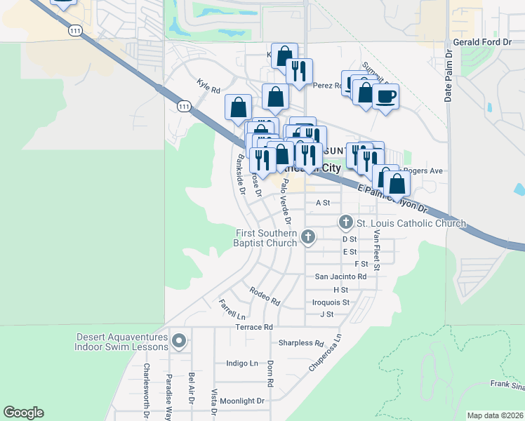 map of restaurants, bars, coffee shops, grocery stores, and more near 37188 Melrose Drive in Cathedral City