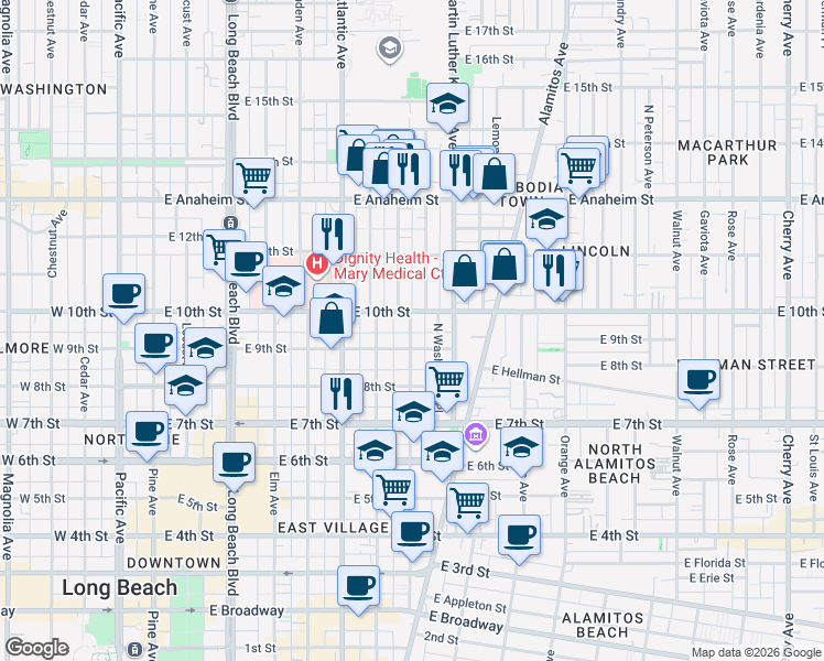 map of restaurants, bars, coffee shops, grocery stores, and more near 936 Olive Avenue in Long Beach