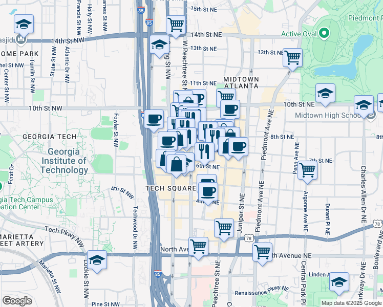 map of restaurants, bars, coffee shops, grocery stores, and more near 875 West Peachtree Street Northeast in Atlanta