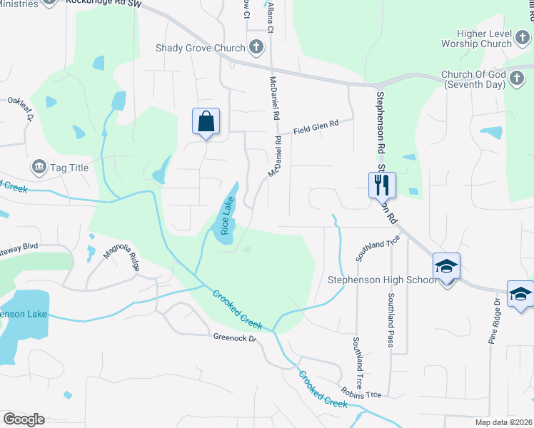 map of restaurants, bars, coffee shops, grocery stores, and more near 752 Trigg Lake Court in Stone Mountain