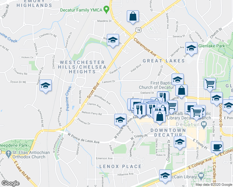 map of restaurants, bars, coffee shops, grocery stores, and more near 175 Coventry Road in Decatur