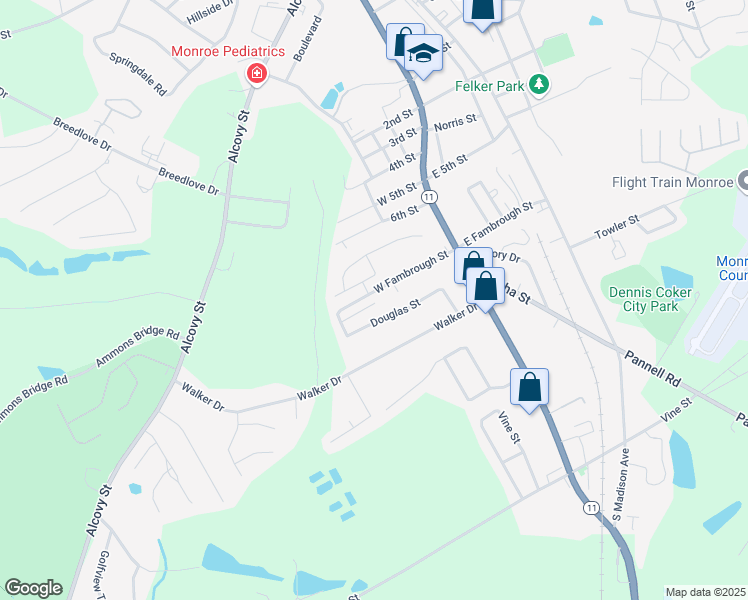 map of restaurants, bars, coffee shops, grocery stores, and more near 225 West Fambrough Street in Monroe