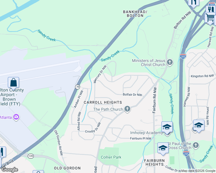 map of restaurants, bars, coffee shops, grocery stores, and more near 3665 Bolfair Drive Northwest in Atlanta