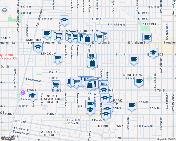 map of restaurants, bars, coffee shops, grocery stores, and more near 924 Gardenia Avenue in Long Beach
