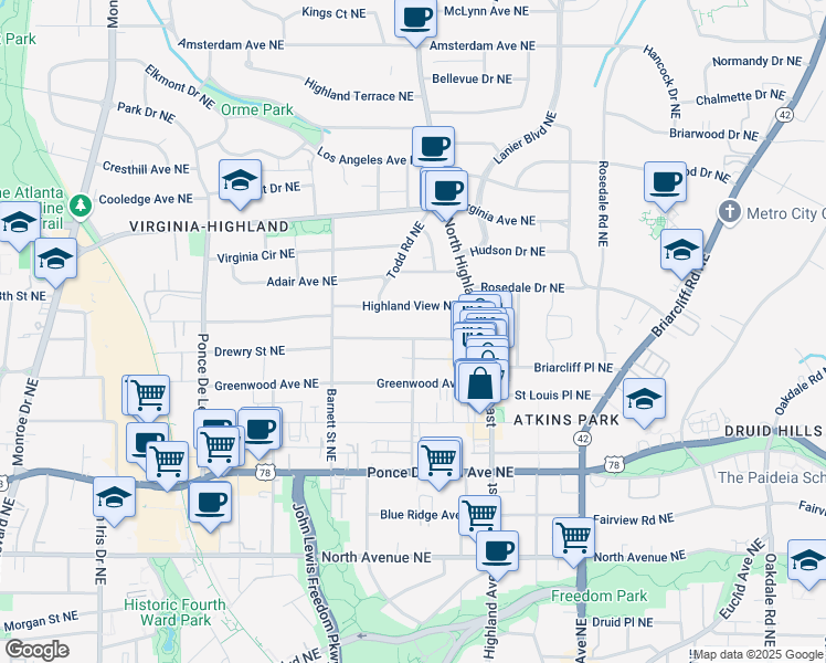 map of restaurants, bars, coffee shops, grocery stores, and more near 970 Drewry Street Northeast in Atlanta