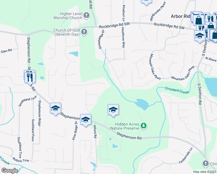 map of restaurants, bars, coffee shops, grocery stores, and more near 725 Raven Springs Trail in Stone Mountain