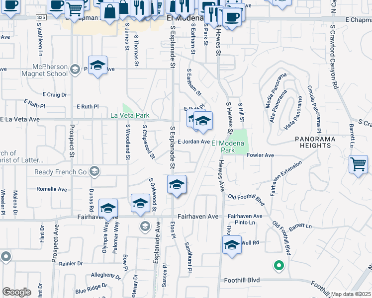map of restaurants, bars, coffee shops, grocery stores, and more near 4201 East Greenwood Avenue in Orange
