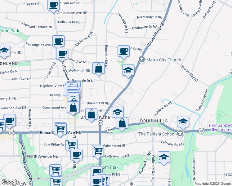 map of restaurants, bars, coffee shops, grocery stores, and more near 872 Briarcliff Road Northeast in Atlanta