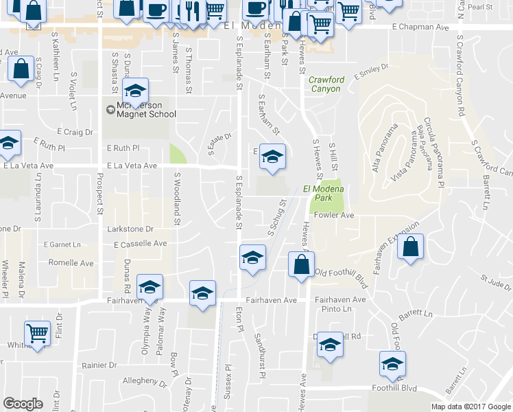 map of restaurants, bars, coffee shops, grocery stores, and more near 4201 East Greenwood Avenue in Orange