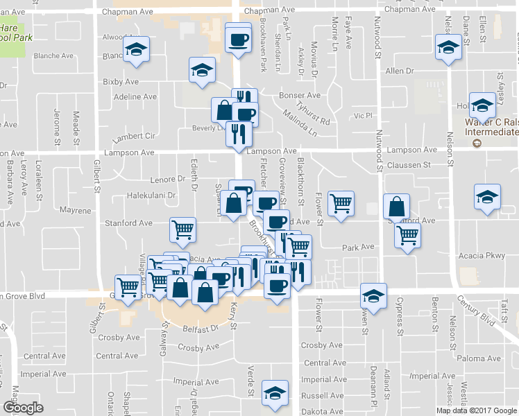 map of restaurants, bars, coffee shops, grocery stores, and more near 12691 Fletcher Drive in Garden Grove