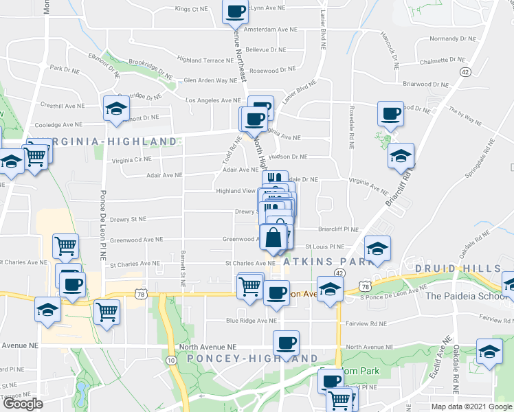 map of restaurants, bars, coffee shops, grocery stores, and more near 1016 Drewry Street Northeast in Atlanta