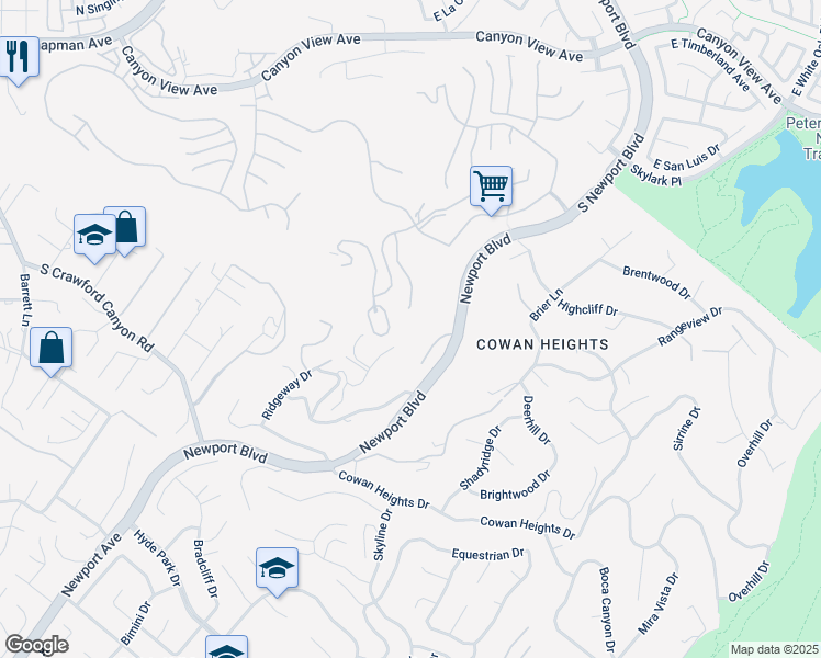 map of restaurants, bars, coffee shops, grocery stores, and more near 10302 Broadview Place in Santa Ana