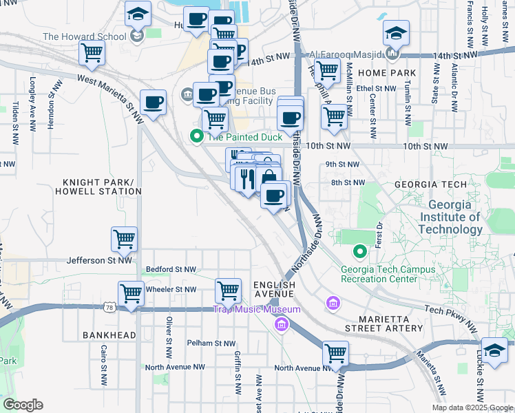 map of restaurants, bars, coffee shops, grocery stores, and more near 969 Marietta Street NorthWest in Atlanta