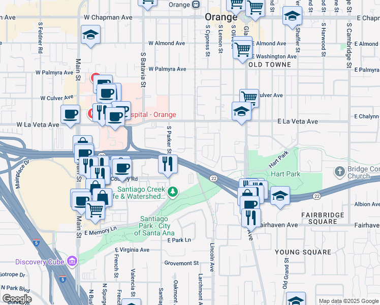 map of restaurants, bars, coffee shops, grocery stores, and more near 611 South La Veta Park Circle in Orange