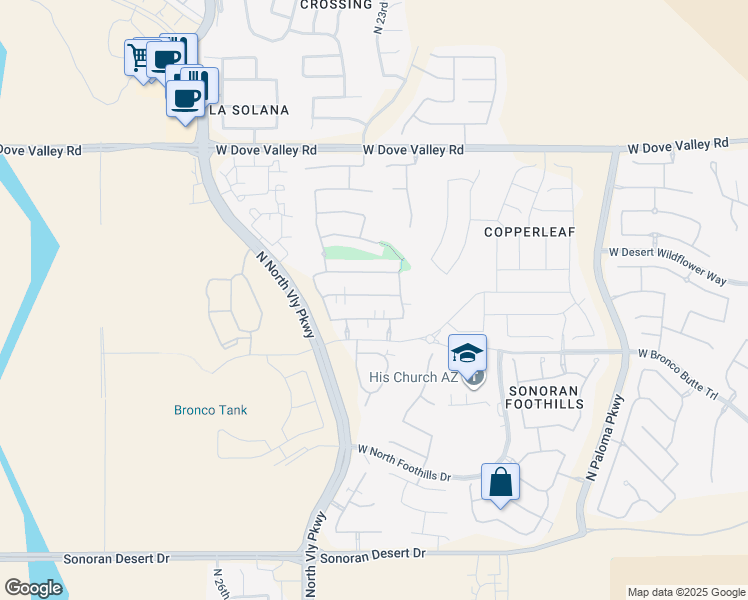 map of restaurants, bars, coffee shops, grocery stores, and more near 2347 West Dusty Wren Drive in Phoenix