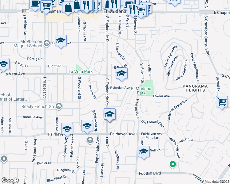 map of restaurants, bars, coffee shops, grocery stores, and more near 4201 East Greenwood Avenue in Orange