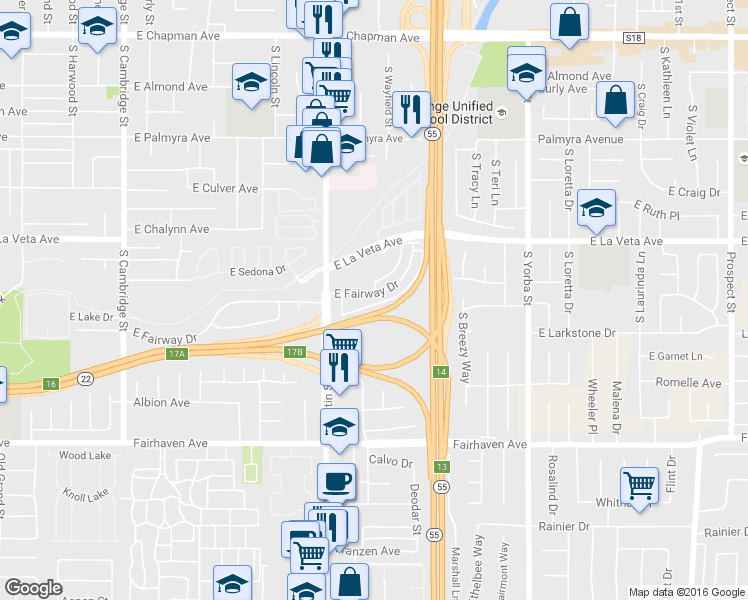 map of restaurants, bars, coffee shops, grocery stores, and more near 1830 East Fairway Drive in Orange
